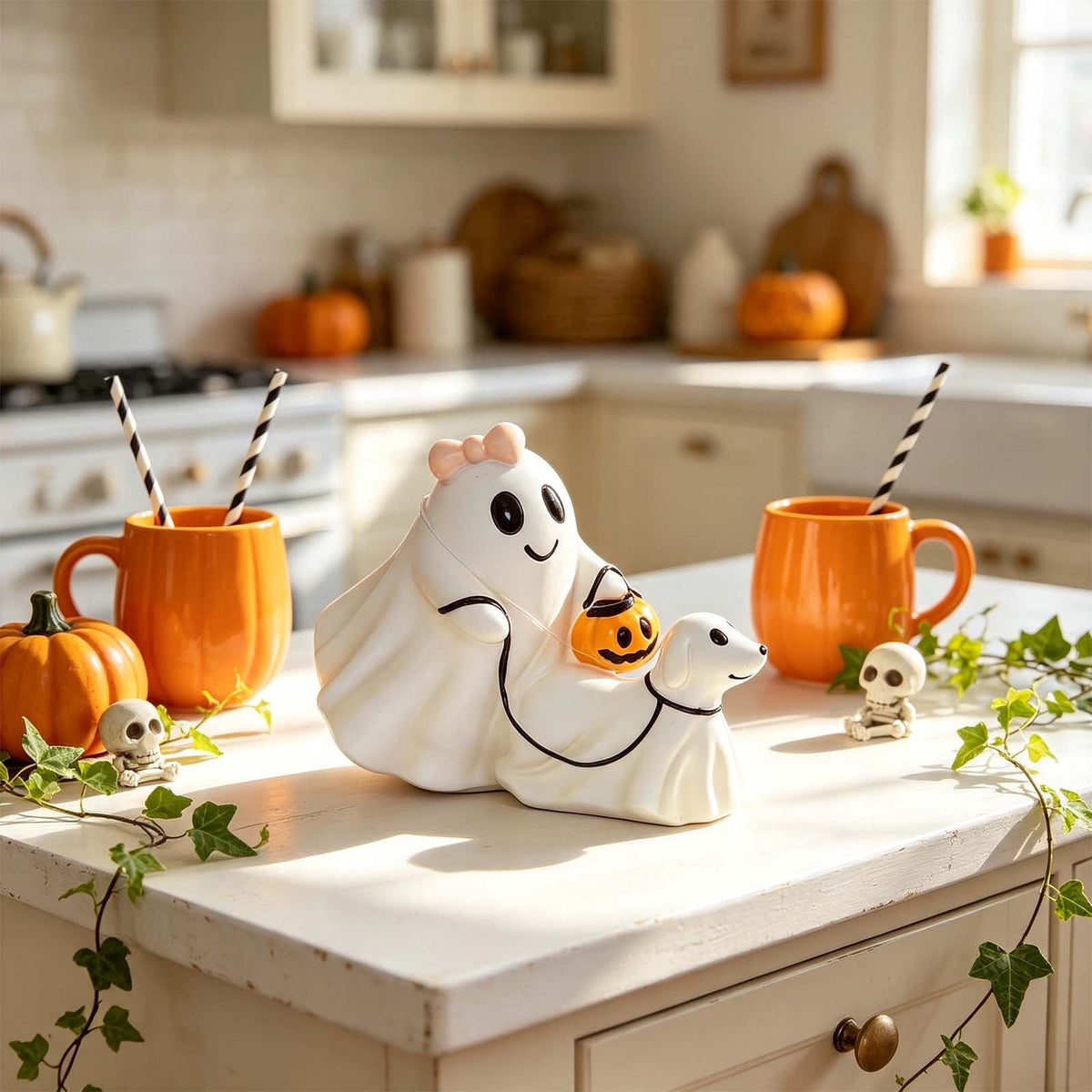 Haunt & Co Vintage Halloween Ghost Statue, Resin Gothic Figurine Ornament with Classic Spooky Character Design, Handcrafted Tabletop Decoration for Shelf Mantel Coffee Table Bar Holiday Party Home Display-A