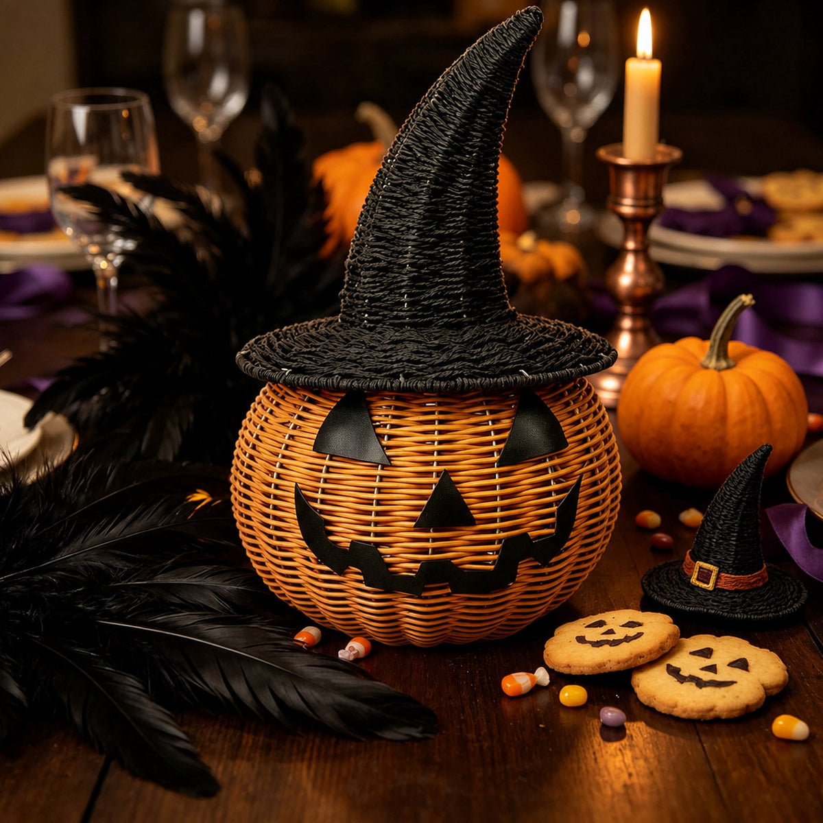 Haunt & Co Hand-Woven Pumpkin Witch Hat Halloween Decor, Natural Textured Freestanding Ornament, Weather Resistant Multipurpose Holiday Accessory, Seasonal Display for Front Door Porch Tabletop Entryway