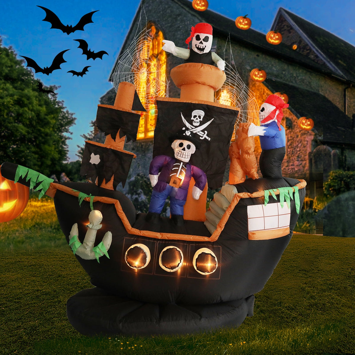 Haunt & Co 7 FT Halloween Inflatable Skeletons Ghosts on Pirate Ship Lights Decor Outdoor Indoor Holiday Decorations, Blow up Lighted Yard Decor, Giant Lawn Inflatables Home Family Outside Decor