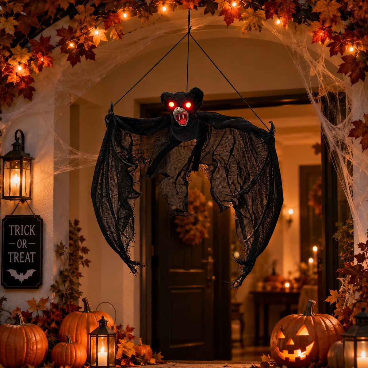 Haunt & Co Spooky Halloween Bat Hanging Prop, Large Scary Bat Decoration with LED Red Eyes, Creepy Black Bat Ornament for Halloween Haunted House, Door, Yard Decor