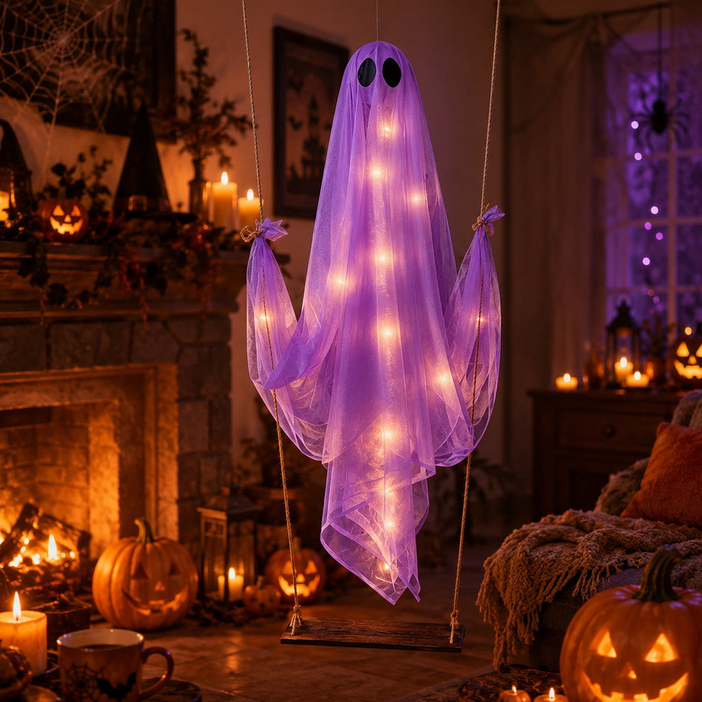 Haunt & Co Halloween Outdoor Hanging Ghost Halloween Hanging Ghost Decorations Battery Operated Swinging Ghost Prop Sheer Gauze Glowing Specter Swing Ornament for Yard Window Indoor Outdoor Display,Saffron