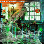 Haunt & Co JoyX Giant Halloween Spider Web Decoration Set, 23 ft Huge Web with 50" Large Spider, LED Light, and Glow in The Dark Spiders