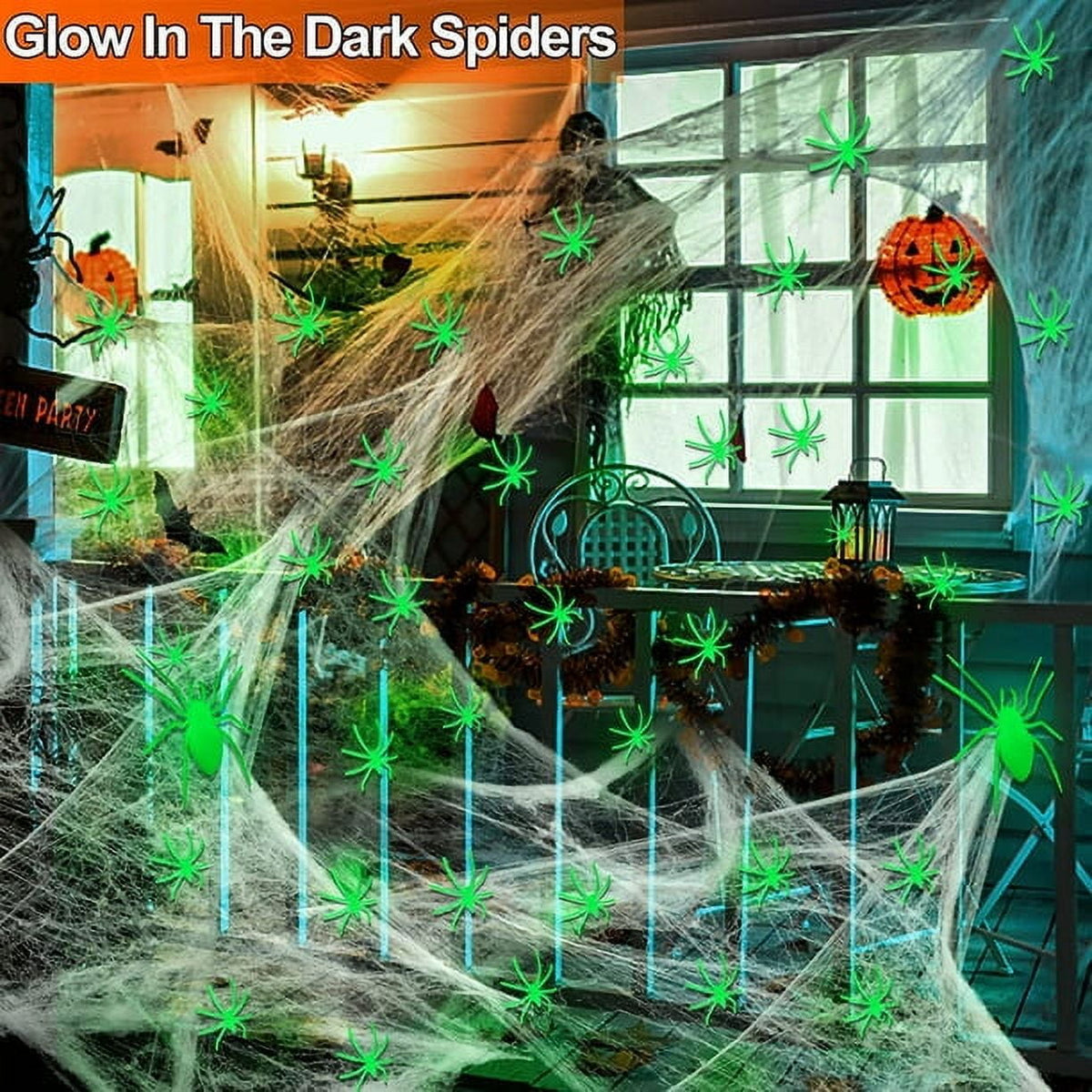 Haunt & Co JoyX Giant Halloween Spider Web Decoration Set, 23 ft Huge Web with 50" Large Spider, LED Light, and Glow in The Dark Spiders