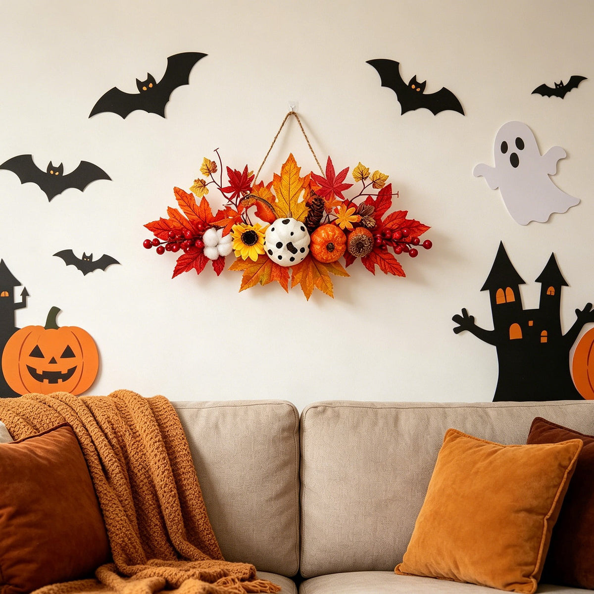 Haunt & Co Gaecuw Halloween Maple Leaf Pumpkin Hanging Ornament Fall Festival Wall Decor for Front Door Party Indoor Supplies