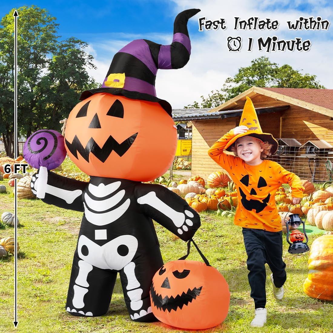 Haunt & Co Halloween Inflatables 6 FT Halloween Pumpkin Inflatable with Skull Body, Scary Blow Up Halloween Pumpkin Decoration with LED Lights, Outdoor Clearance for Holiday Party