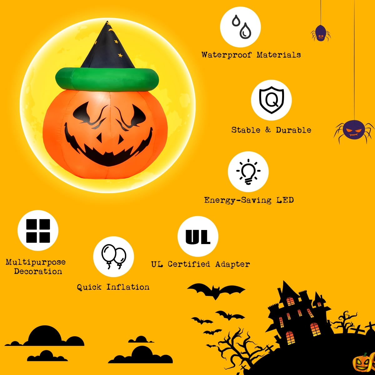Haunt & Co Patiojoy 4 Ft Blow-up Inflatable Pumpkin With Witch Hat LED Bulbs Yard