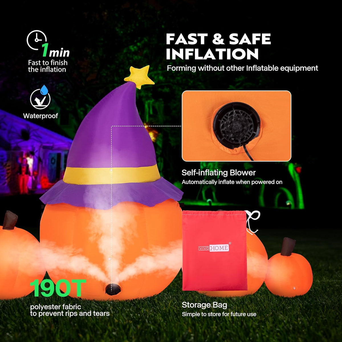 Haunt & Co SPECSTAR 6ft Long Halloween Inflatable LED Lighted Pumpkin Family Blow up Outdoor Lawn Yard Decoration
