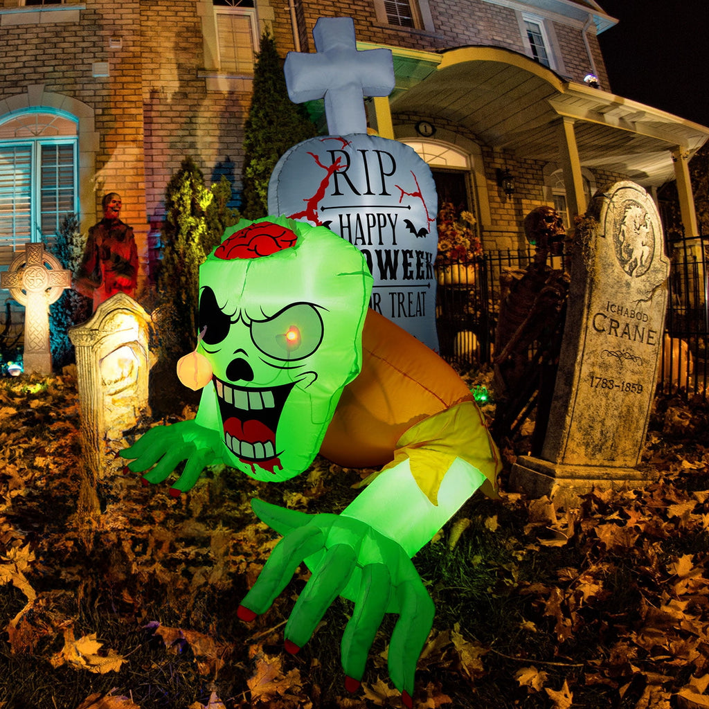Haunt & Co 5.7FT Inflatable Halloween Inflatable Crawling Green Ghost with Tombstone Built-in LED Lights Inflatable LED Lights Blow Up Yard Decoration
