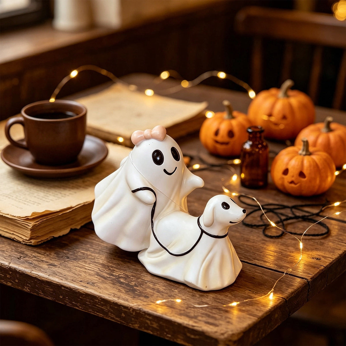 Haunt & Co Vintage Halloween Ghost Statue, Resin Gothic Figurine Ornament with Classic Spooky Character Design, Handcrafted Tabletop Decoration for Shelf Mantel Coffee Table Bar Holiday Party Home Display-A