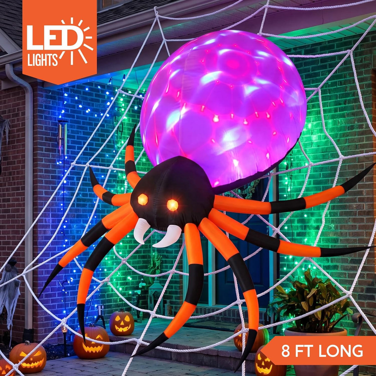 Haunt & Co 8 FT Halloween Inflatables Spider with Rotating Colorful Light,Light Up Spider with Orange Eyes Halloween Blow up Yard Decorations,Outdoor