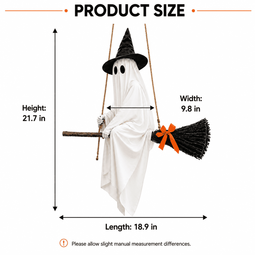 Haunt & Co LIGHTED HANGING GHOST WITCH Floating White Ghost With Black Witch Hat Rustic Broom And Orange Bow Warm Glow