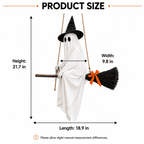 Haunt & Co LIGHTED HANGING GHOST WITCH Floating White Ghost With Black Witch Hat Rustic Broom And Orange Bow Warm Glow