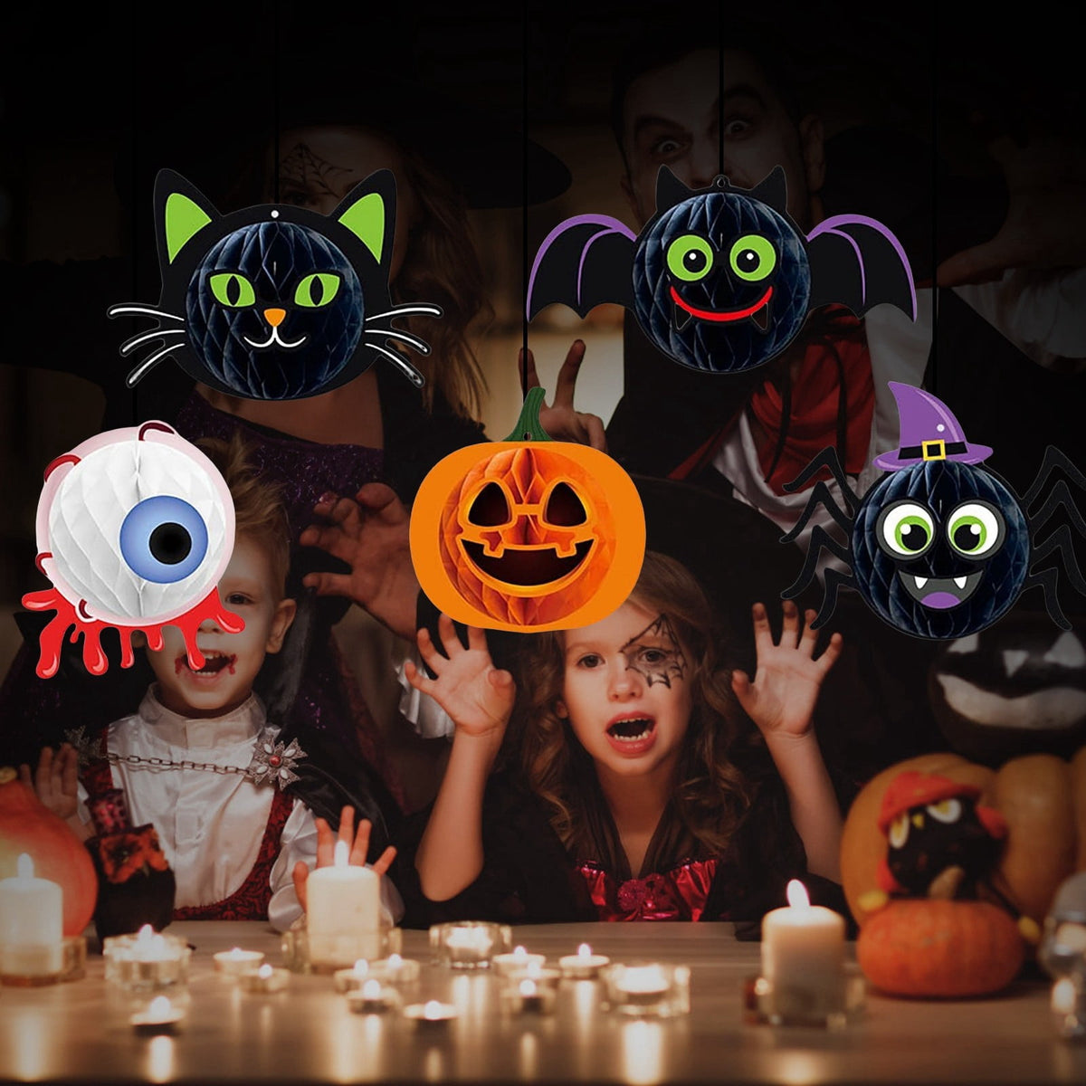 Haunt & Co Halloween Party Decorations 3D Hanging Honeycomb Ornaments Retro Pumpkin Skull Ghost Paper Ornaments Set with Hanging Rope for Indoor Haunted House Ceiling Decor 6 Pcs