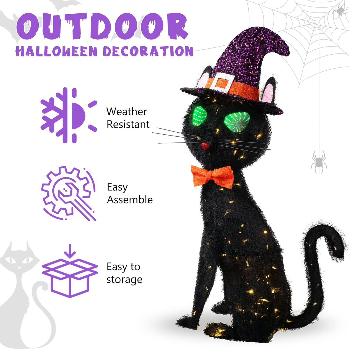 Haunt & Co MARACOL 3.5FT Black Cat , Animated Eyes Scary Halloween Cat Decor with Witch Hat, Light-Up Black Cat with 125 LED