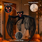 Haunt & Co Spooky Halloween Bat Hanging Prop, Large Scary Bat Decoration with LED Red Eyes, Creepy Black Bat Ornament for Halloween Haunted House, Door, Yard Decor
