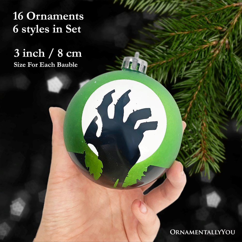 Haunt & Co The Face of Spooky Horror 16 Piece Ornament Shatterproof Bundle Set, Halloween Pumpkin, Zombie, and Goblin
