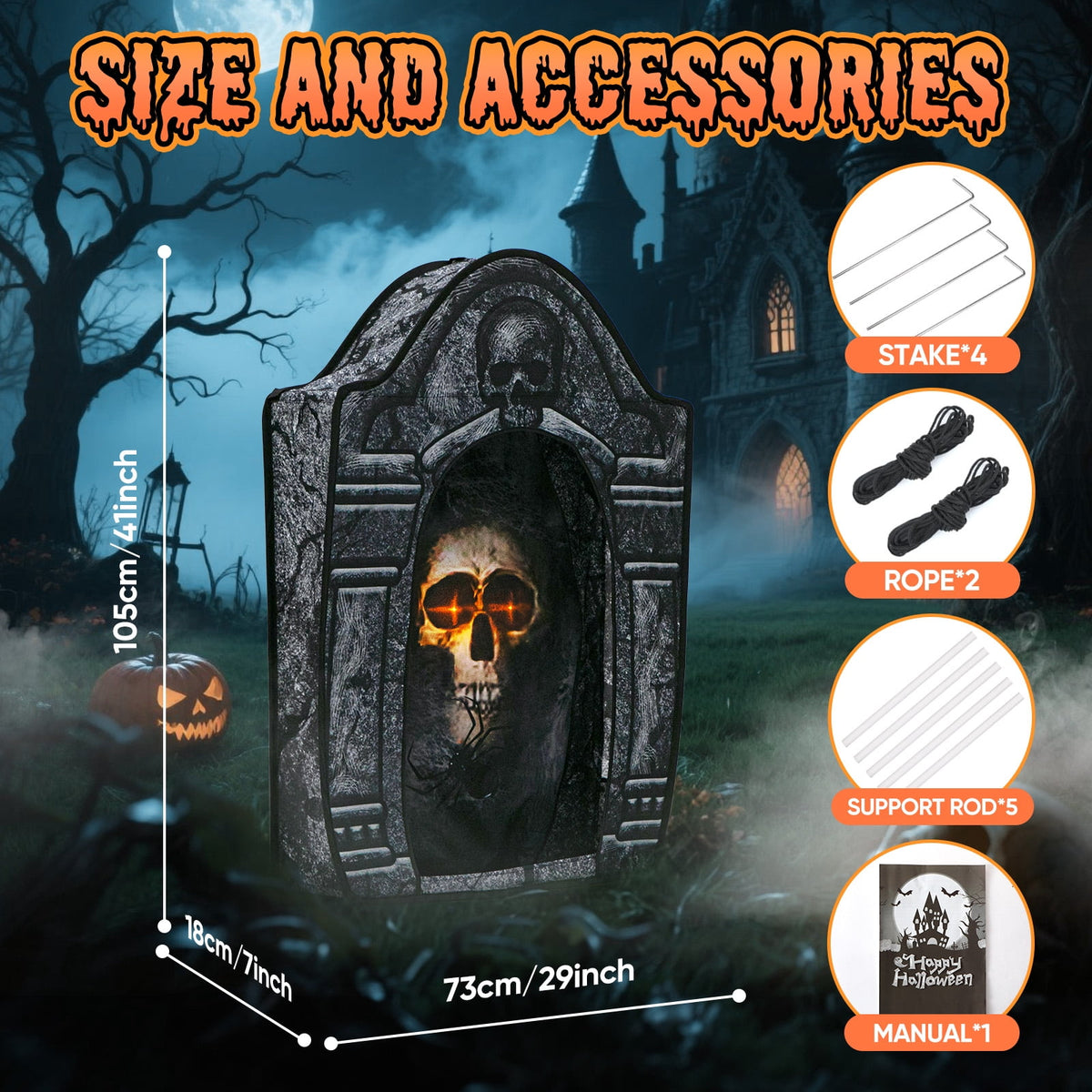 Haunt & Co Toiyjofe 3.5ft Large Halloween Tombstone with LED Skull Eyes, Foldable Battery Powered Graveyard Decor for Lawn, Garden & Haunted House