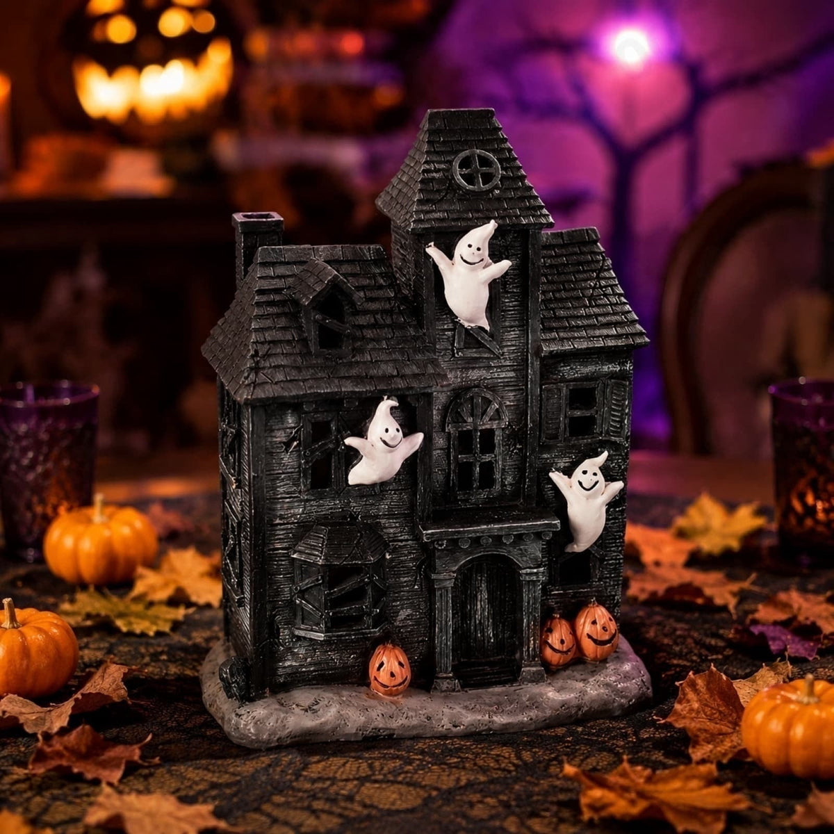 Haunt & Co Haunted House Figurine with Ghosts and Pumpkin Decor, Vintage Style Hanging Ghost Ornaments, Halloween Mantel Shelf Tabletop Centerpiece for Indoor Party