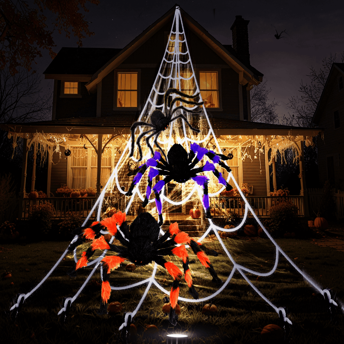 Haunt & Co JoyX Giant Halloween Spider Web Decoration Set, 23 ft Huge Web with 50" Large Spider, LED Light, and Glow in The Dark Spiders