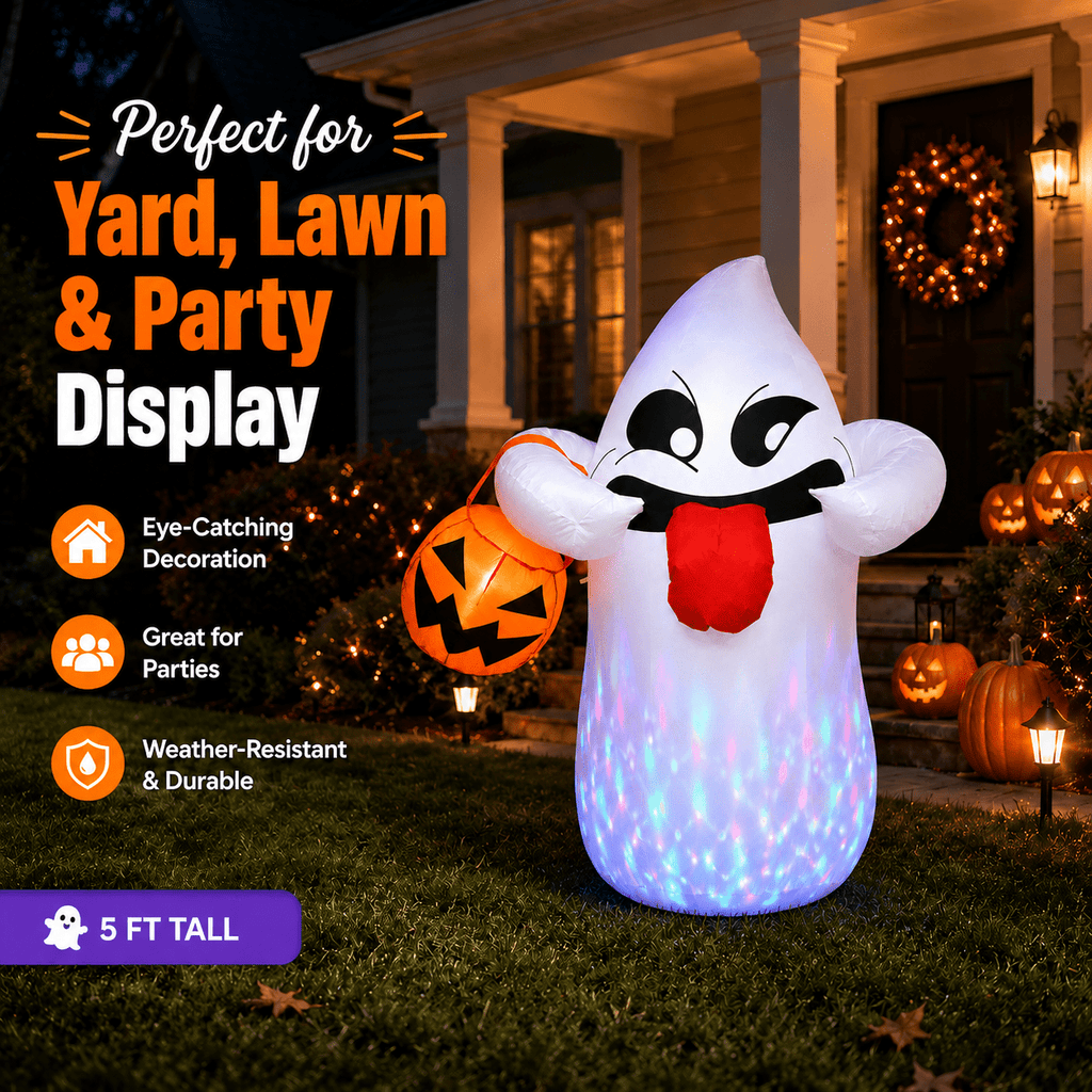 Haunt & Co 5FT Halloween Inflatable Ghost Holding Pumpkin Lantern, Light-Up Blow Up Outdoor Yard Decoration with RGB LED Lights