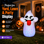 Haunt & Co 5FT Halloween Inflatable Ghost Holding Pumpkin Lantern, Light-Up Blow Up Outdoor Yard Decoration with RGB LED Lights