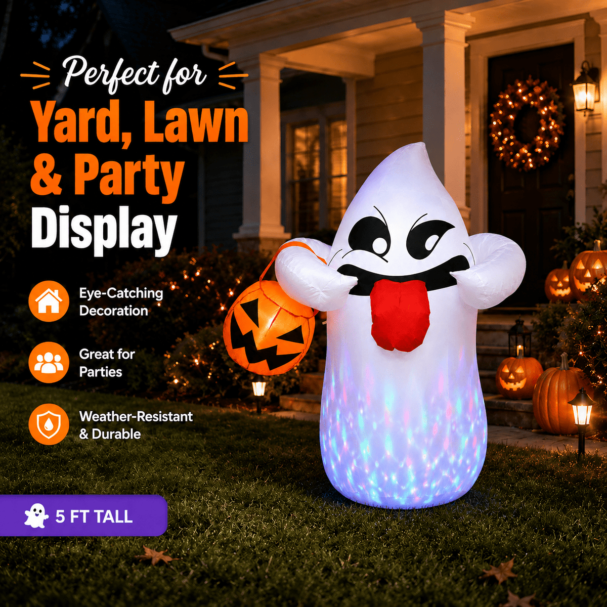 Haunt & Co 5FT Halloween Inflatable Ghost Holding Pumpkin Lantern, Light-Up Blow Up Outdoor Yard Decoration with RGB LED Lights