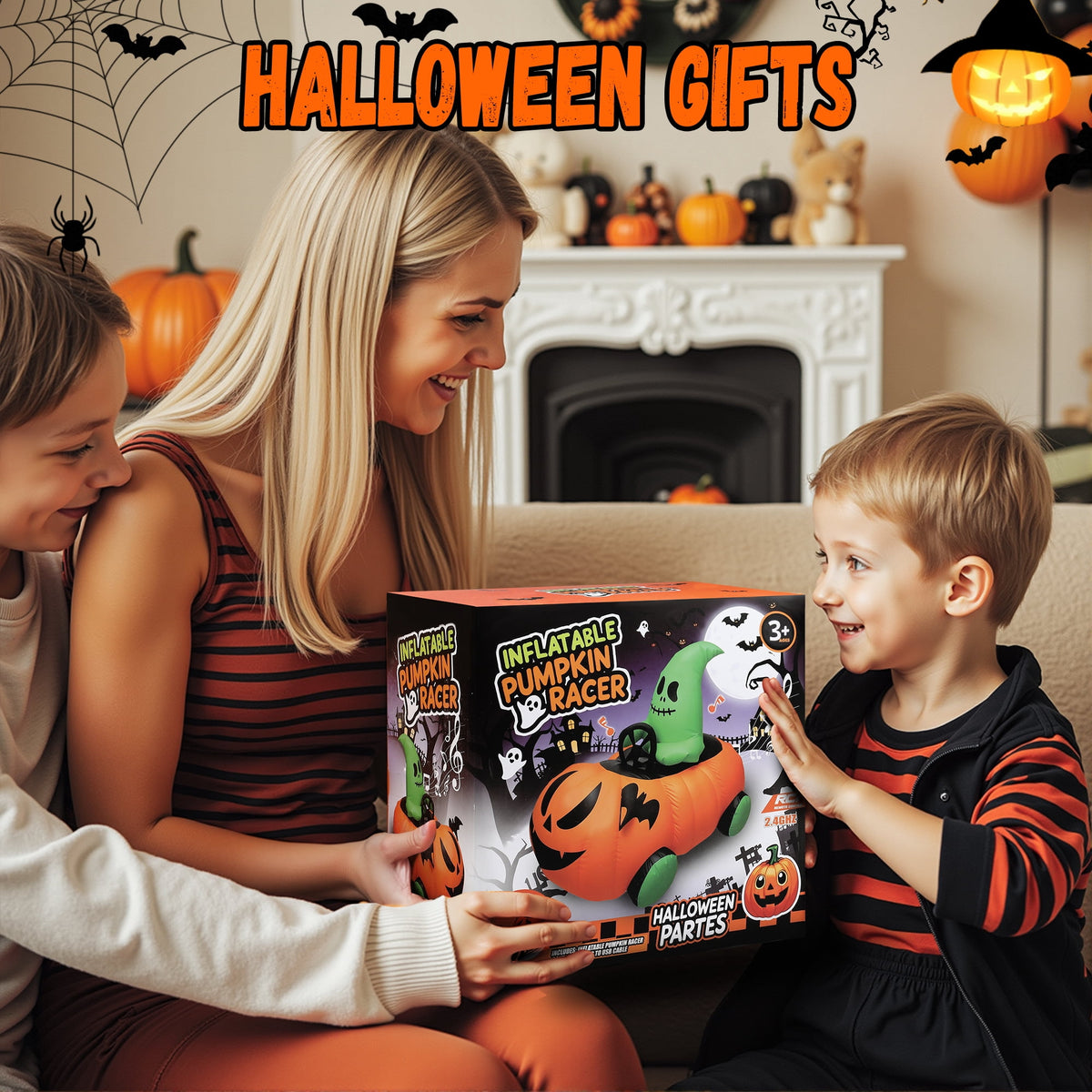 Haunt & Co (2 pack) 2.6ft Halloween Inflatable with Music and Lights,Remote Control Pumpkin Ghost Car,Blow ups Rc Car,Indoor Outdoor,Orange Green