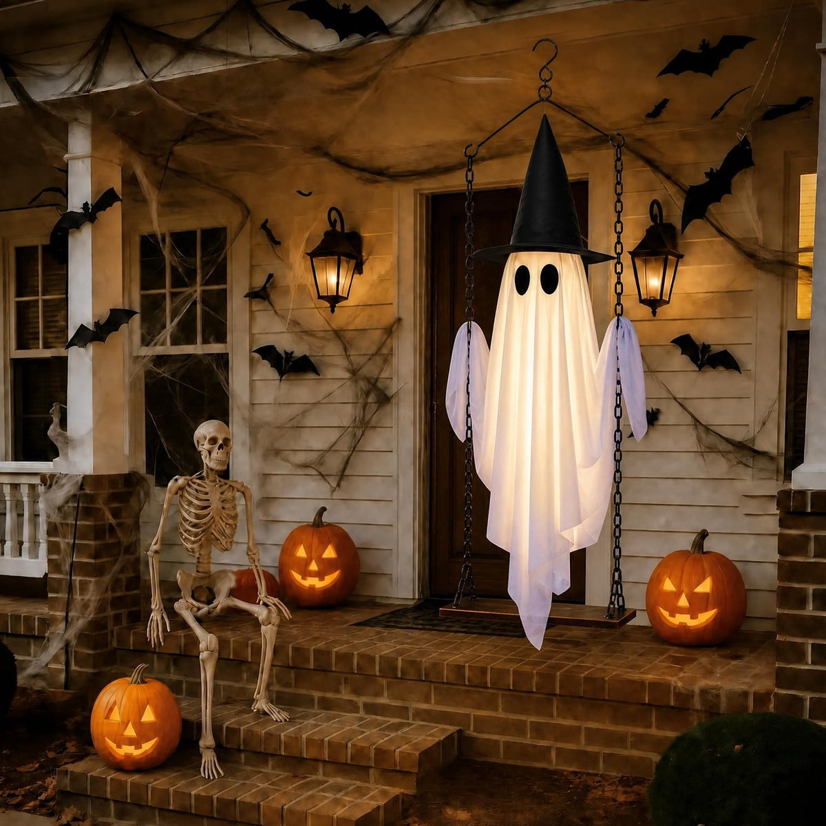 Haunt & Co Outdoor, Hanging Swing Ghosts with Lights Halloween Spooky Cute Ghosts Decor for Outside Home Front Porch Yard Lawn Tree