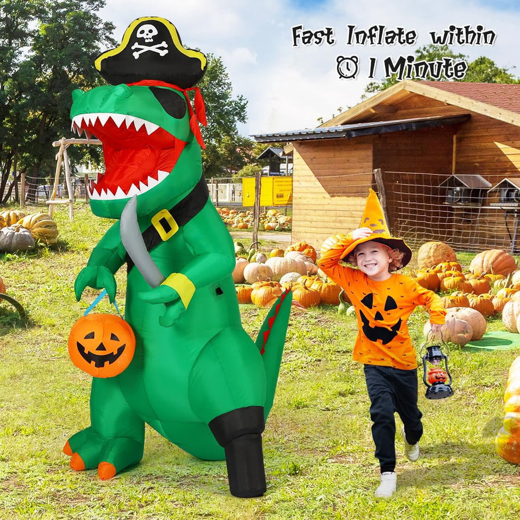 Haunt & Co 7FT Outdoor Halloween Dinosaur Inflatable, Halloween Inflatables Blow up Dinosaur, Green Pirate Dino Dinosaur Halloween Inflatable for Holiday/Party
