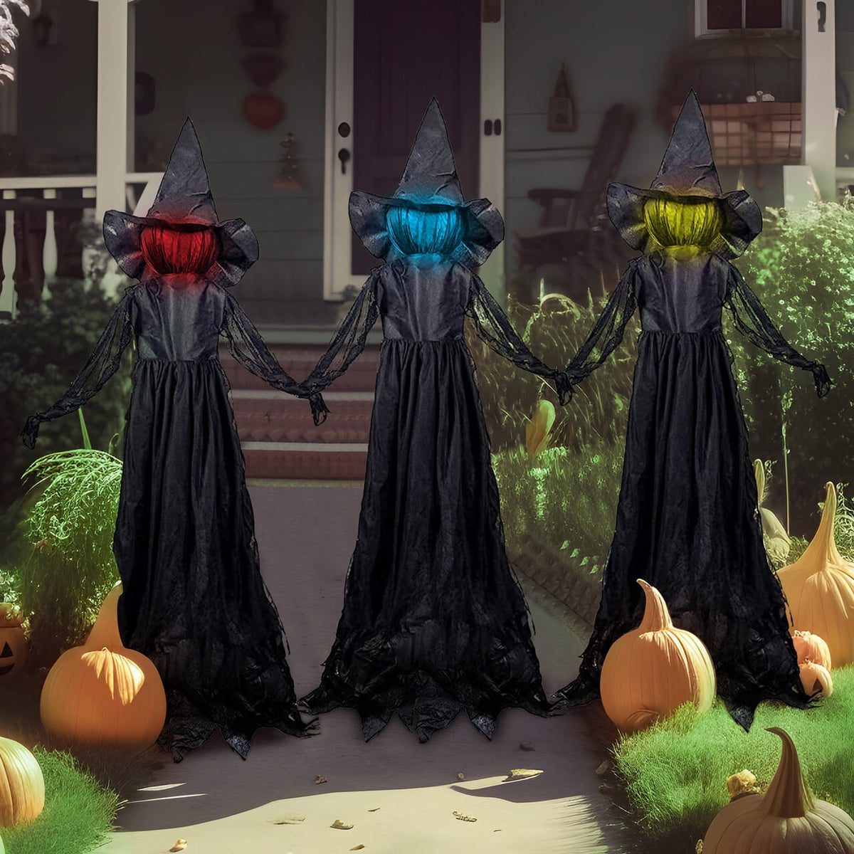 Haunt & Co 3 Pack Witches Outdoor, 51" Sound Activated Light Up Flying Witch Stakes with Color Changing Face & Creepy Sound, Life Size Halloween Props