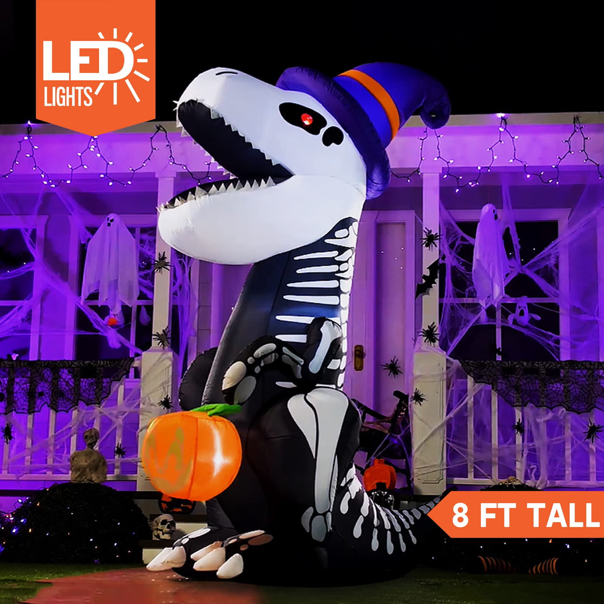 Haunt & Co 8 FT Halloween Inflatable Skeleton Dinosaur with Build-in LEDs Pumpkin Decorations,Halloween Outdoor Decorations Blow up Yard Decorations