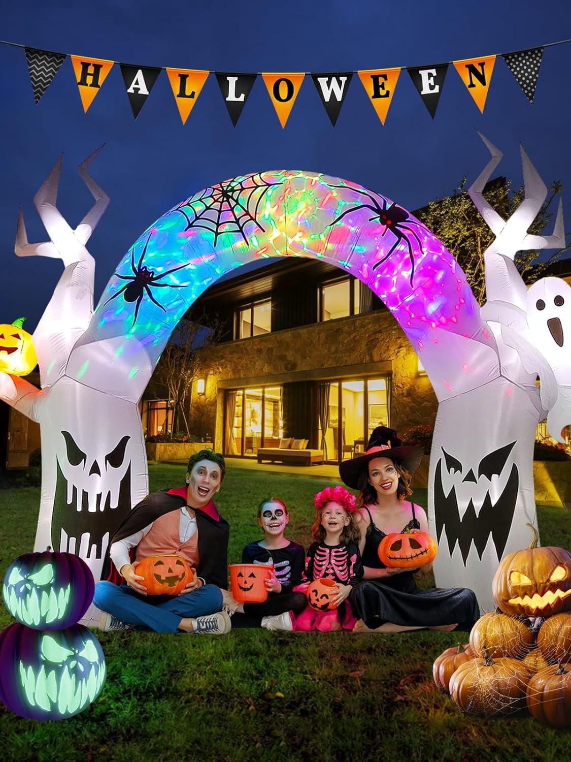 Haunt & Co 17FT Halloween Inflatable with Colorful Pumpkin & Ghost - Built-in LED Lights