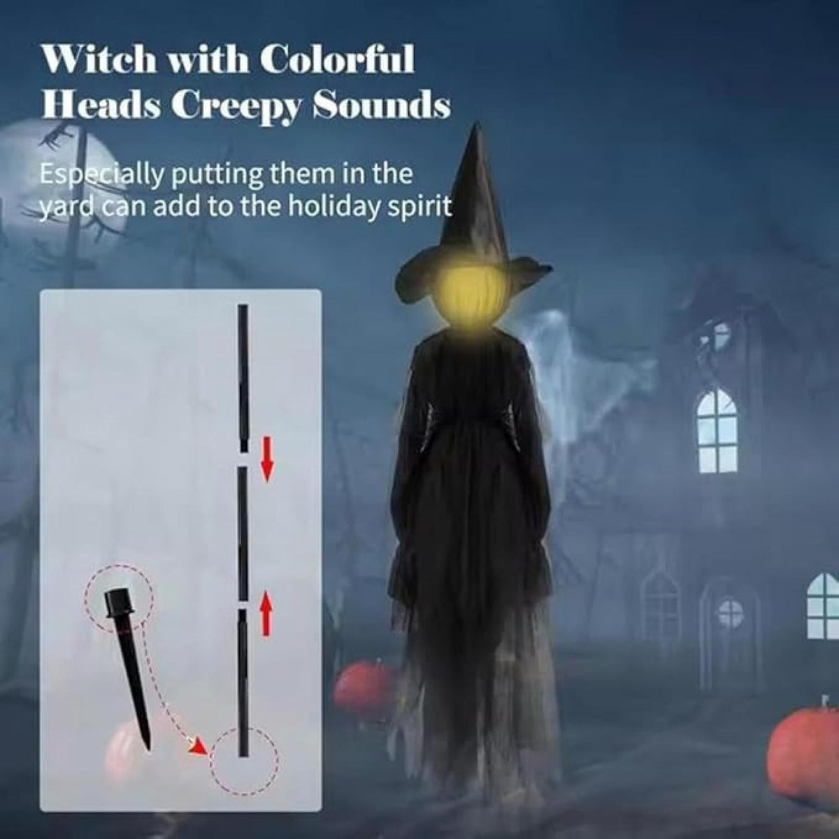 Haunt & Co Life-Size Light-Up Screaming Witches - Outdoor LED Animated Witch with 7 Color Changing Lights & Sound Activation, Scary Yard Decoration