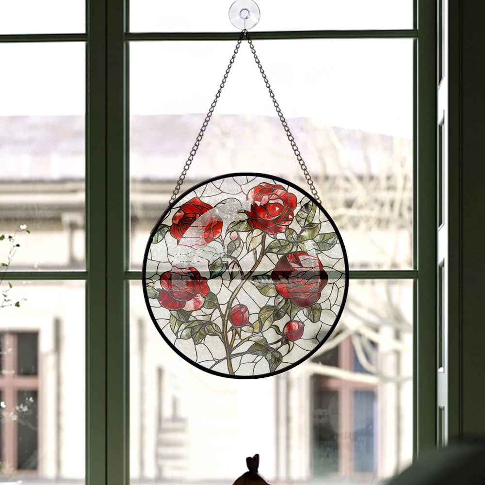 Haunt & Co Neighbor Christmas Gift - Valentine Rose Halloween Christmas Stained Glass Hanging Ornament - Red & Green Holiday Tree Decor, Gift for Friends, Family, Mom & Dad