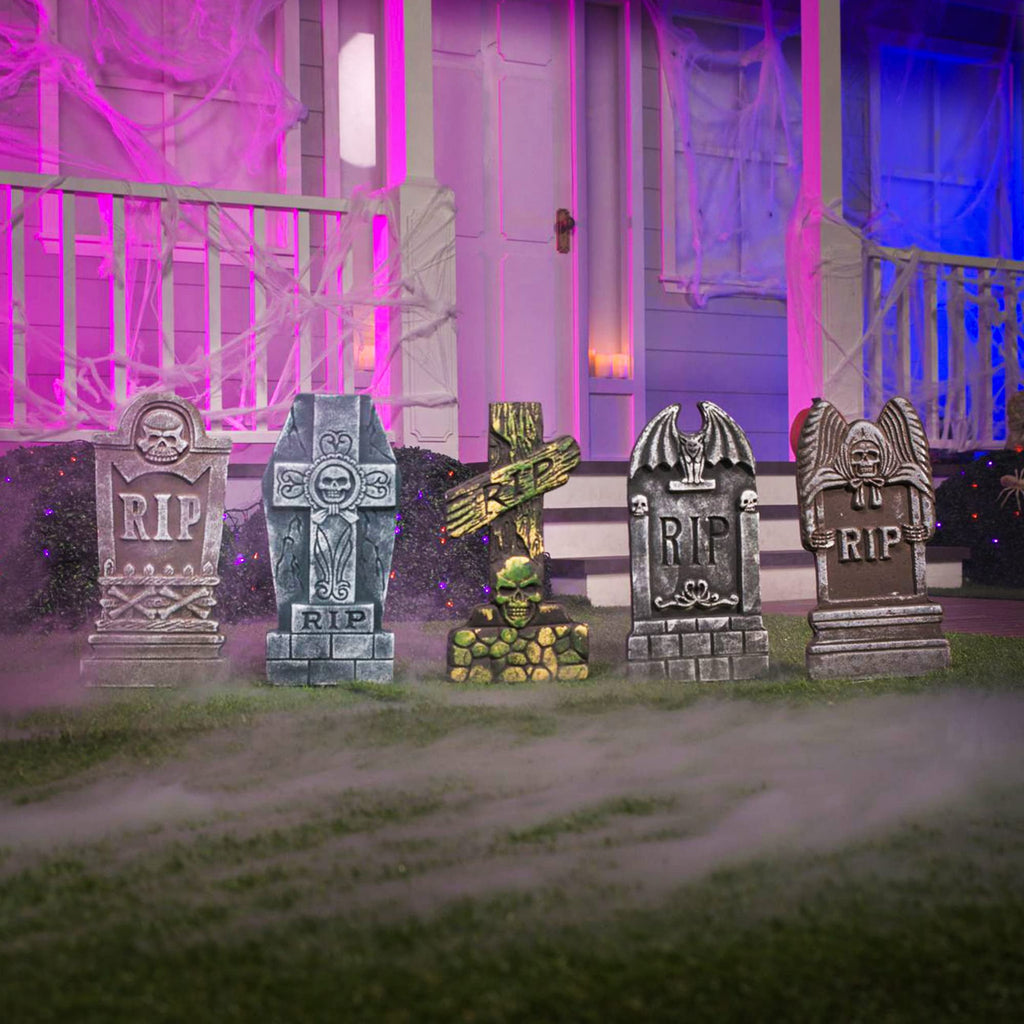 Haunt & Co 17" Halloween 5 Pack Tombstone Decorations, Foam RIP Graveyard Signs Cemetery Headstones Scary Outdoor Indoor with 12 Metal Stakes for Easy Set Up, Waterproof