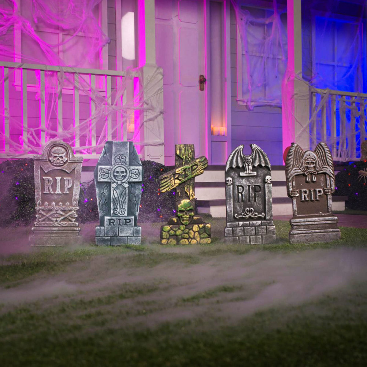 Haunt & Co 17" Halloween 5 Pack Tombstone Decorations, Foam RIP Graveyard Signs Cemetery Headstones Scary Outdoor Indoor with 12 Metal Stakes for Easy Set Up, Waterproof