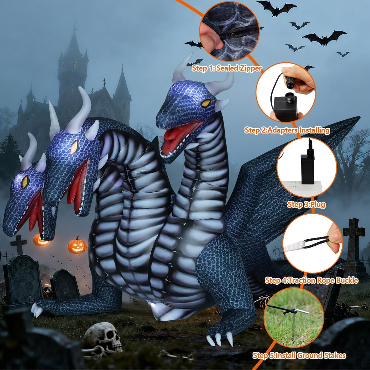 Haunt & Co COMIN 15.6 FT Long Animated Halloween Inflatables Outdoor Decorations Black Hydra Dragon - Giant Decoration Built-in LED Lights