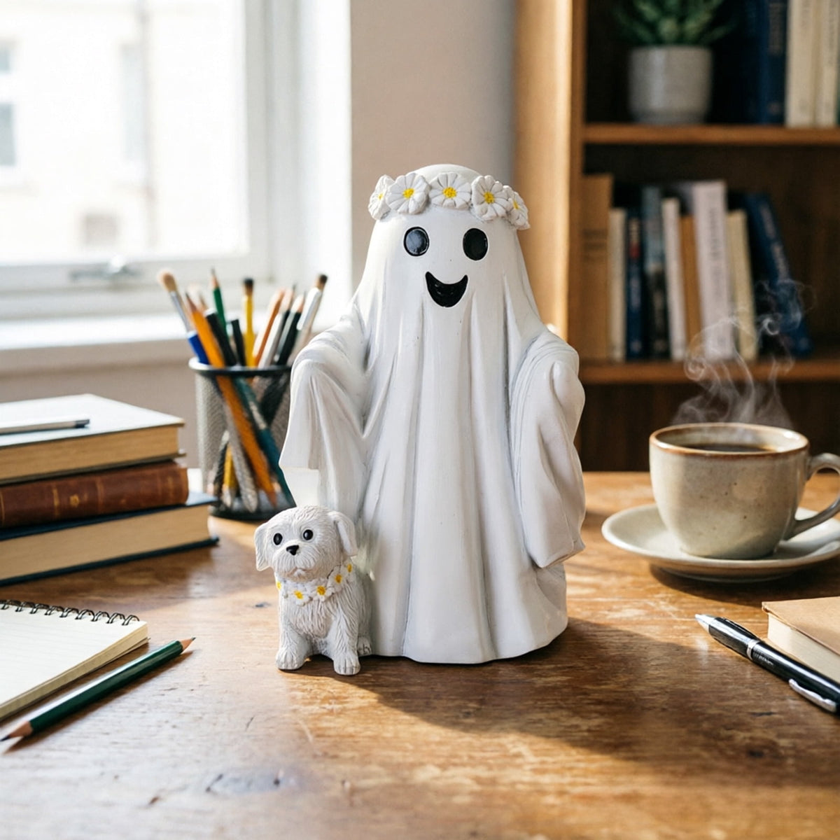 Haunt & Co Hand Painted White Ghost Walking Dog Statue Weatherproof Halloween Ornament for Farmhouse Porch Indoor Shelf Seasonal Decor(Whiteï¼?