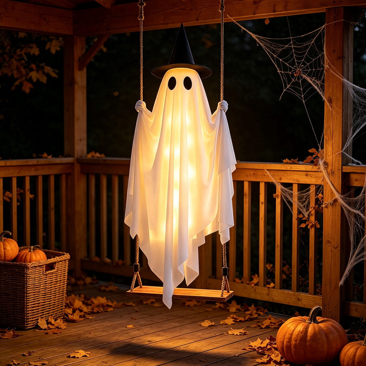 Haunt & Co Qwtwty Halloween Hanging Swinging Ghost Decor, Large Flying Ghost Halloween Ornaments with Witch Hat for Front Yard Patio Lawn Garden Party Decor