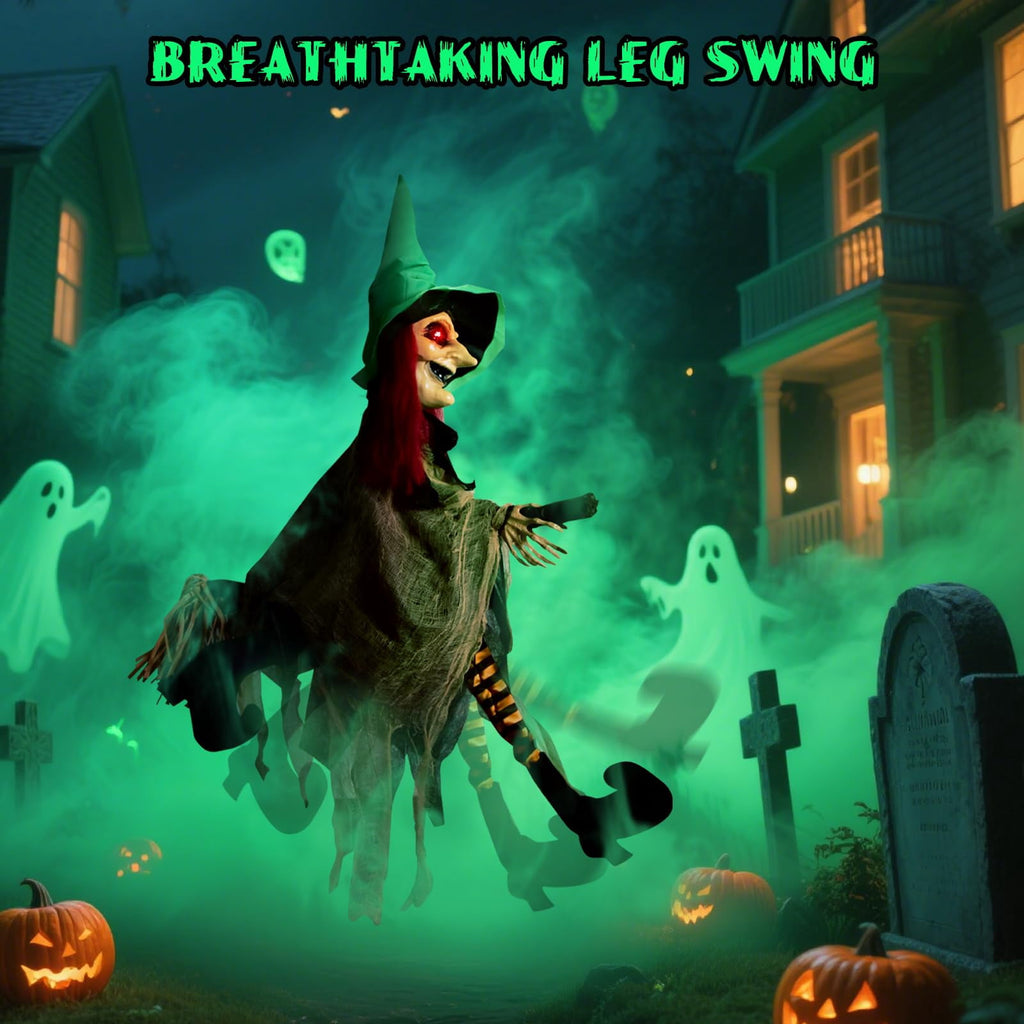 Haunt & Co Halloween LED Light-Up Flying Witch on Broomstick, Realistic Sound & Motion, Scary Animated Decoration with Kicking Legs
