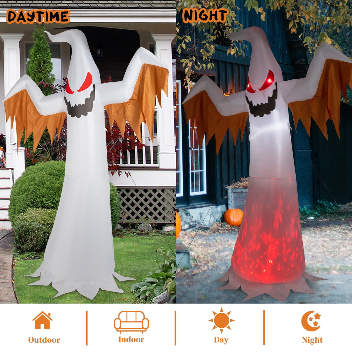Haunt & Co 12FT Halloween Inflatables Ghost Outdoor w/ Scary Flames,4pcs LED Lights