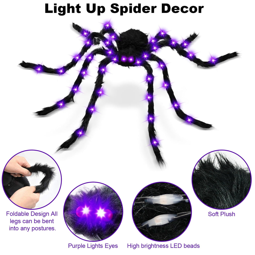 Haunt & Co Spider Webs Outdoor, 50" Light Up Giant Spider + 276" Triangular Spider Webs, Yard Outdoor