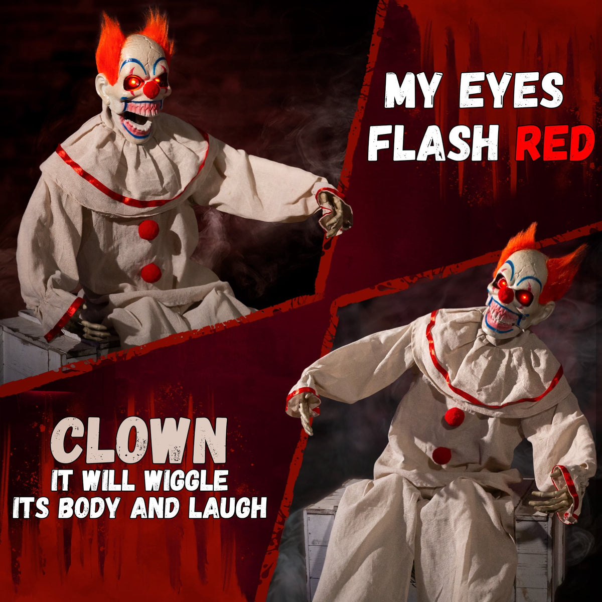 Haunt & Co Halloween Animatronic Sitting Clown Animated Decorations - Sound Activated with Creepy Sound, Light Up Eyes, Scary Move, Haunted House Holiday Spooky Decor Horror Prop
