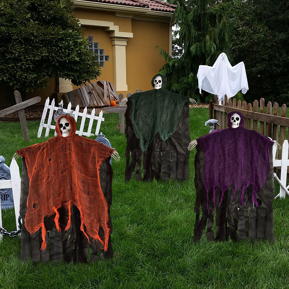 Haunt & Co Nifti Nest Halloween Skeleton, 3 Pcs Ghost Decorations, Halloween Props, Black,Green,Red