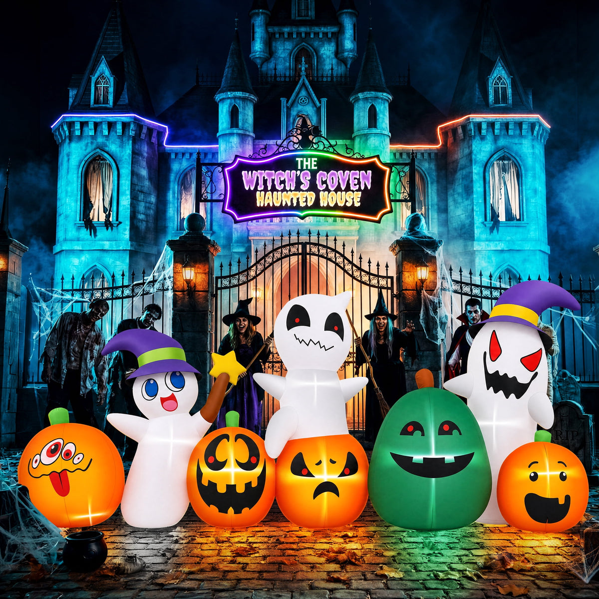 Haunt & Co (2 pack) 7ft Long Halloween Inflatable with Lights,Pumpkin Ghost