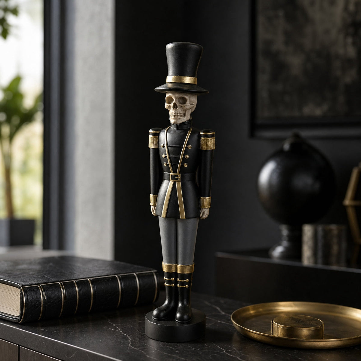Haunt & Co 14" Resin Skeleton Nutcracker Figurine, Halloween Soldier Statue, Hand Painted Black Gold Nutcracker Ornament for Holiday Tabletop Decoration