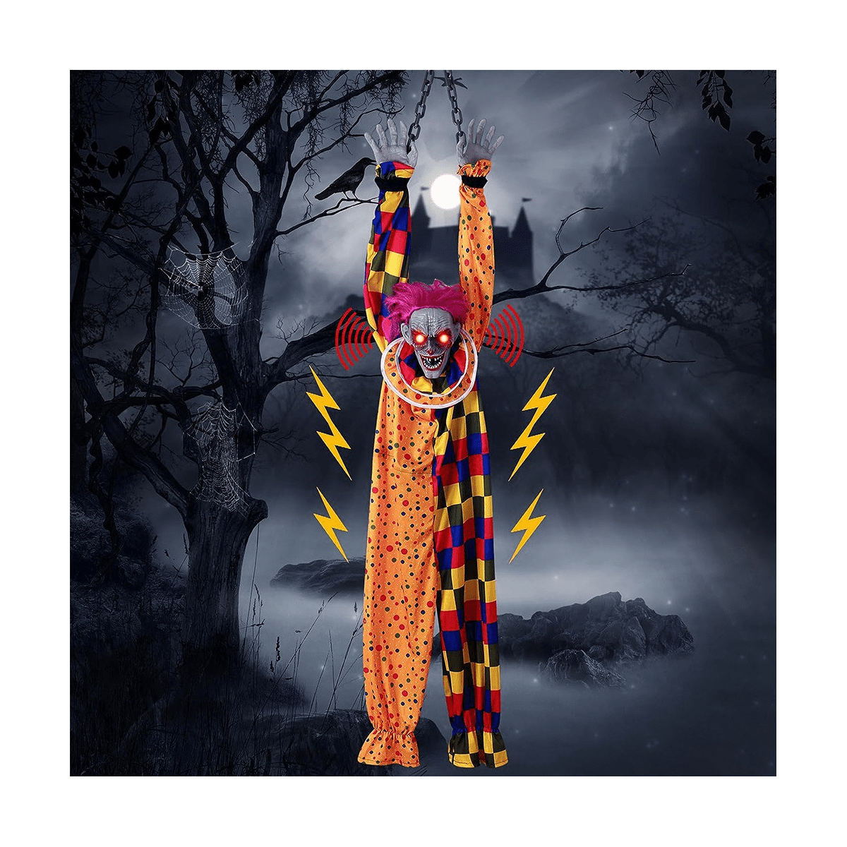 Haunt & Co 5.6 Ft Halloween Hanging Animated Talking & Shaking Scary Clown with Chain, Touch Activated for Decor