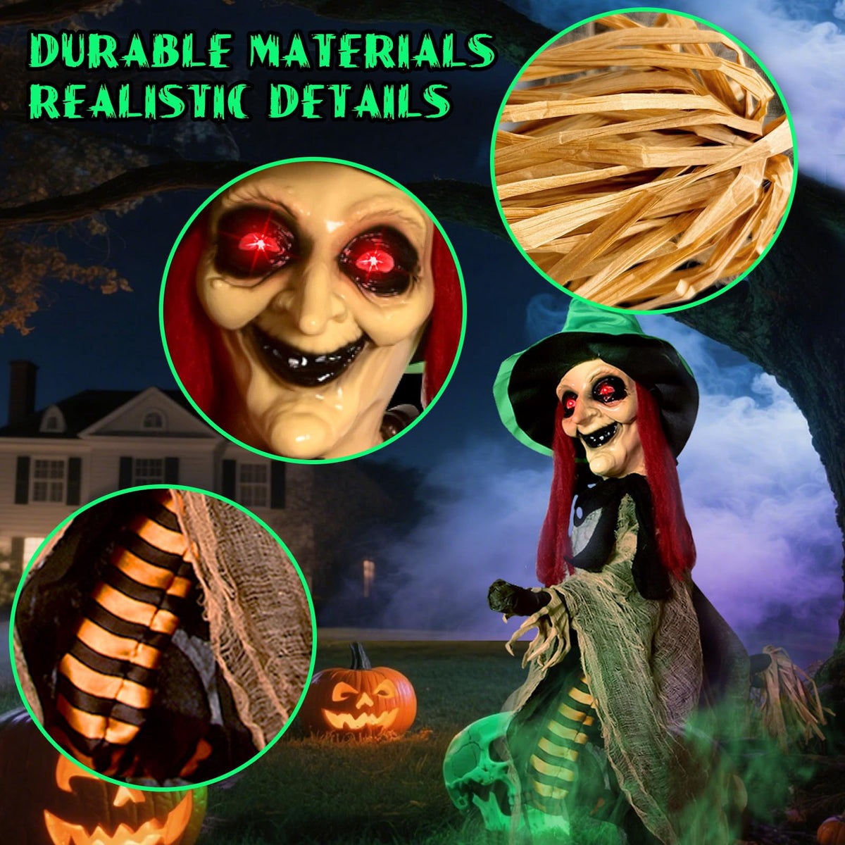 Haunt & Co Halloween LED Light-Up Flying Witch on Broomstick, Realistic Sound & Motion, Scary Animated Decoration with Kicking Legs