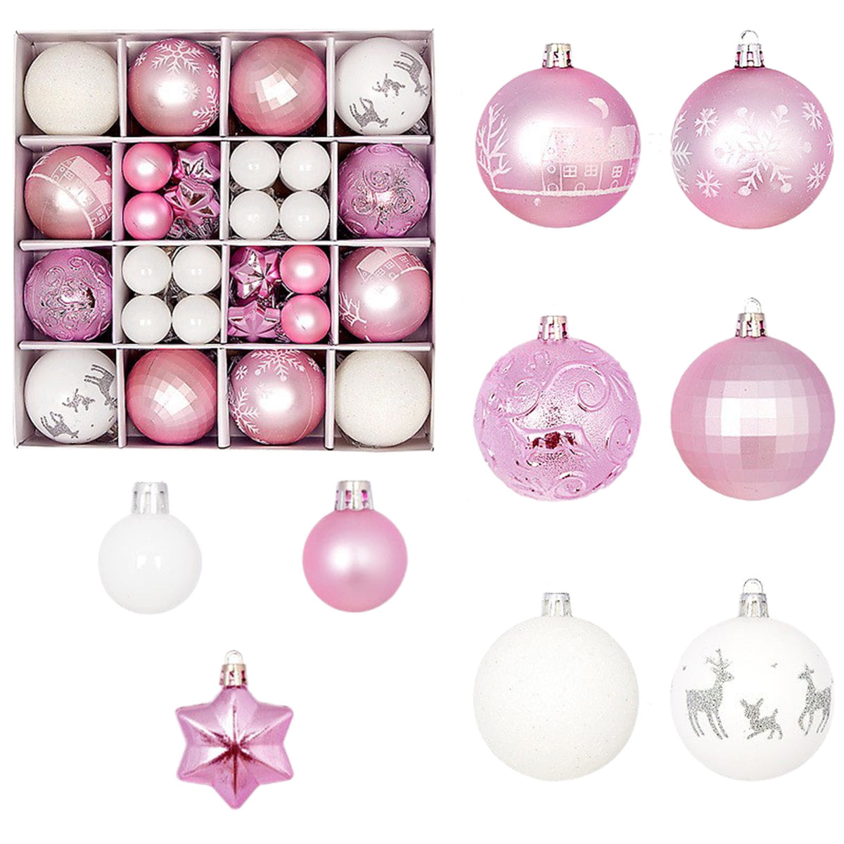 Haunt & Co Pink White Christmas Balls - Christmas Tree Decoration Ornaments Shatterproof Hanging Balls for Birthday Halloween Holiday Wedding Decorations Set of 44 pcs (1.1", 2.3")