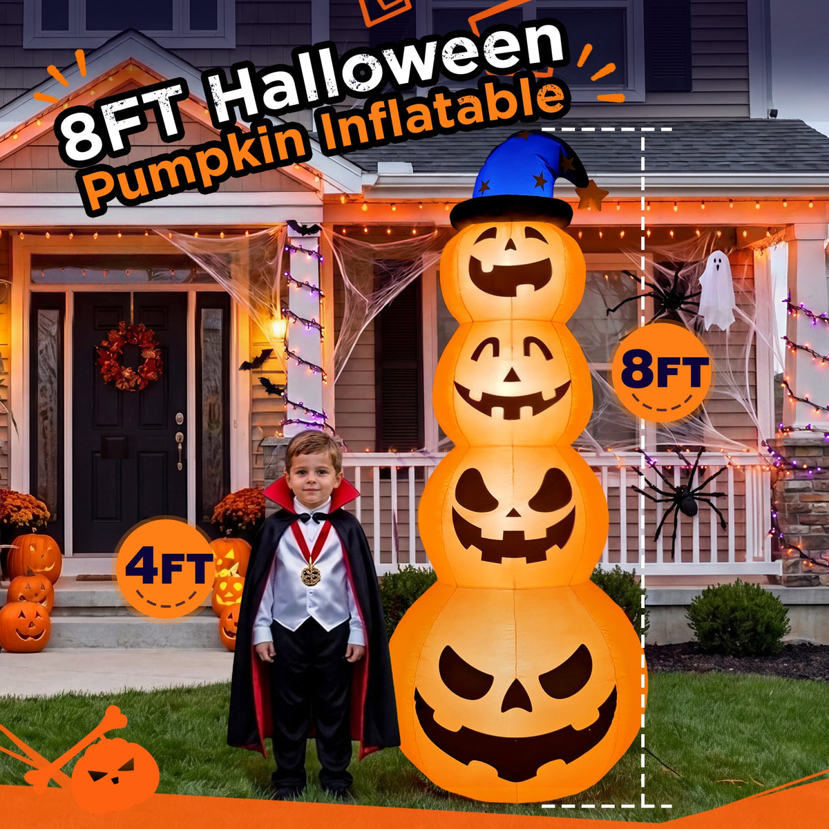 Haunt & Co 8ft Halloween Inflatable, Stacked Pumpkins with Witch Hat and Built-in LED Lights, Outdoor